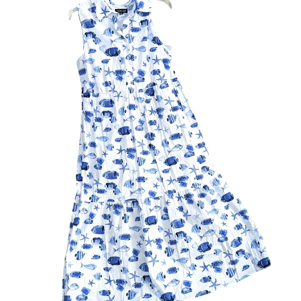 Rachel Zoe White Maxi Dress with Blue Fish Print - Picture 3 of 6